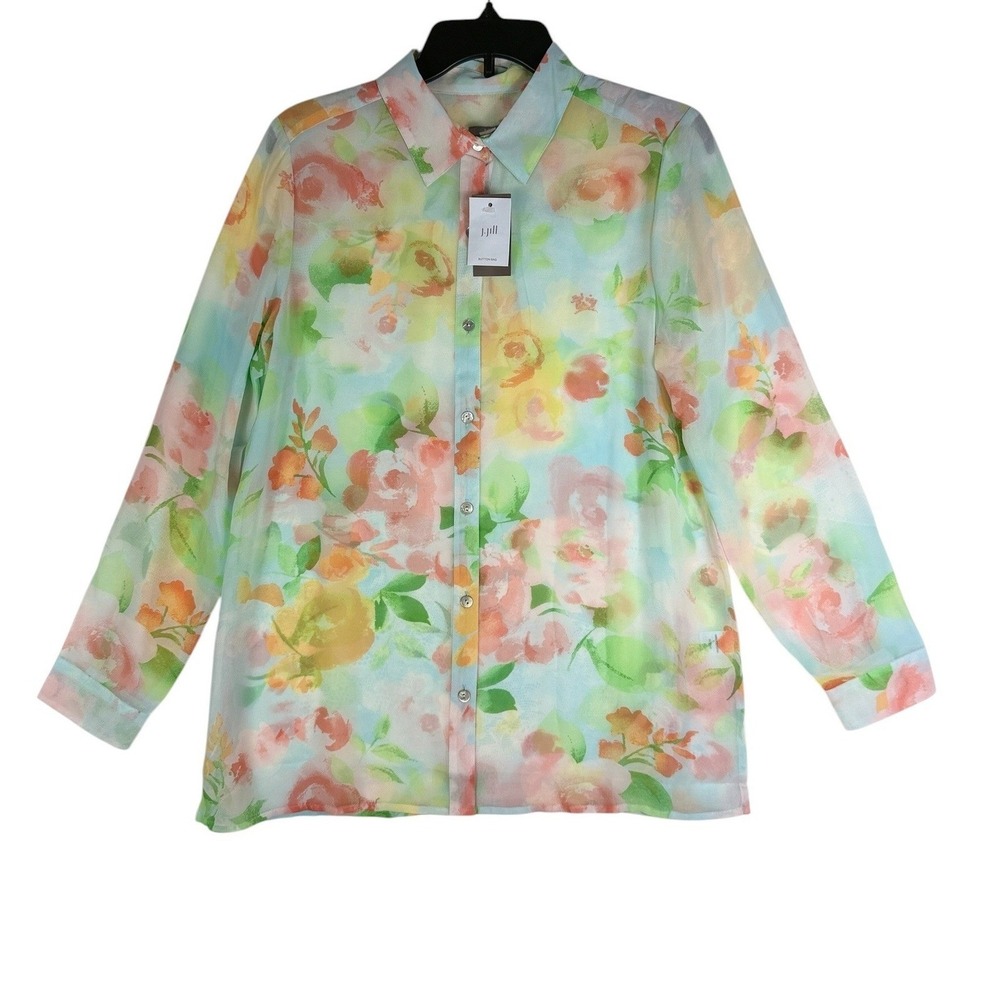J.Jill Floral Sheer Button Front Blouse Womens Small Watercolor Print NWT